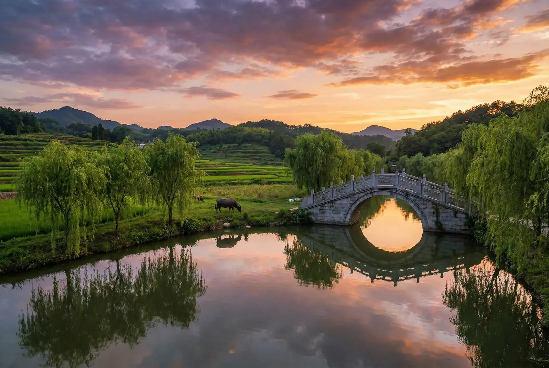 夕阳下的石拱桥与垂柳，水牛在河边吃草 - 霹雳奇侠传下载 乡村美景
